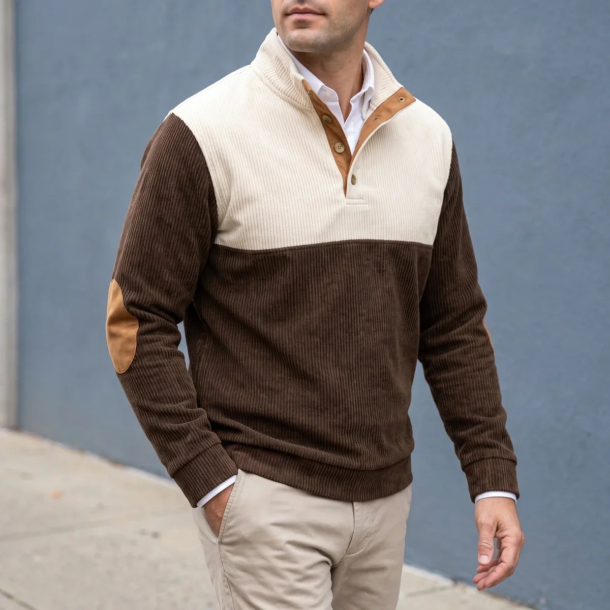 Two Tone Corduroy Knit Mock Neck Pullover