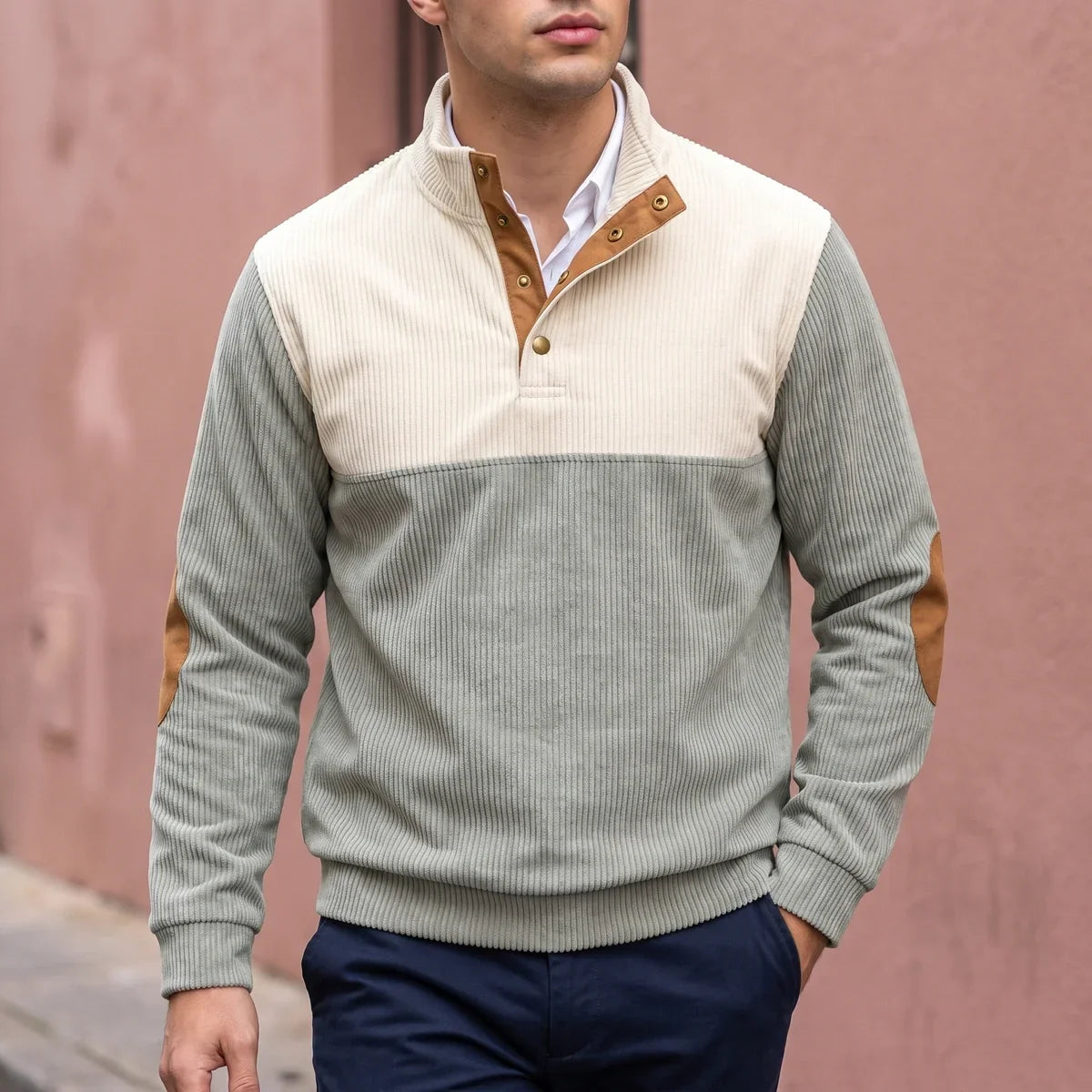 Two Tone Corduroy Knit Mock Neck Pullover