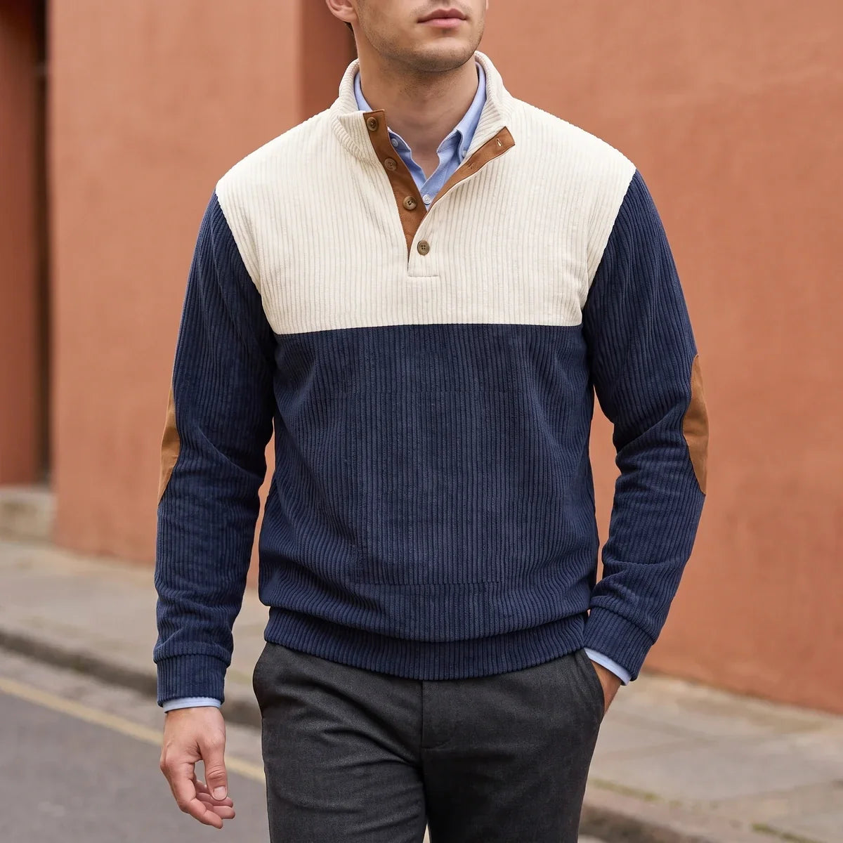 Two Tone Corduroy Knit Mock Neck Pullover