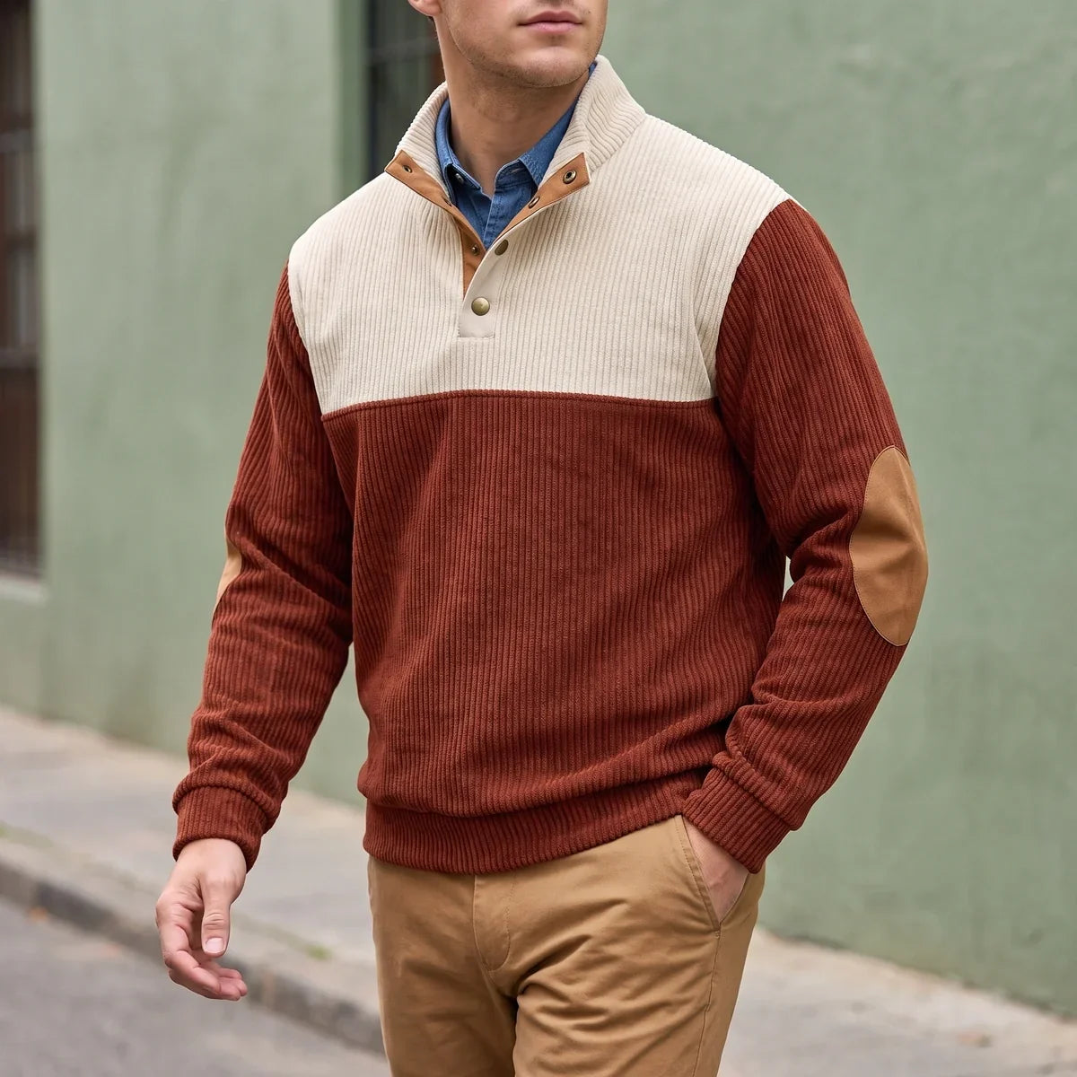 Two Tone Corduroy Knit Mock Neck Pullover