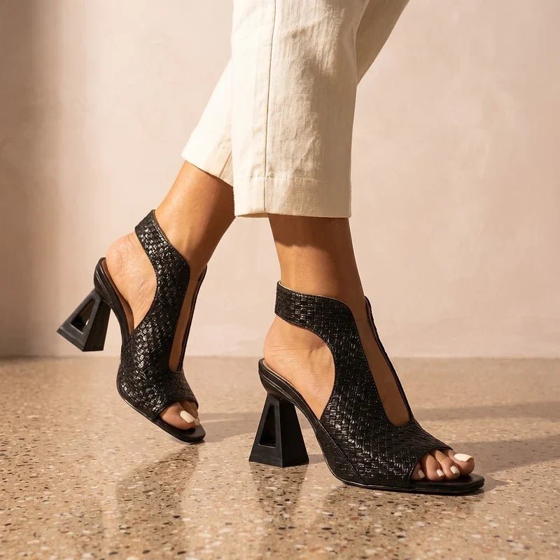 Woven Peep Toe Slingback Block Heel Sandals