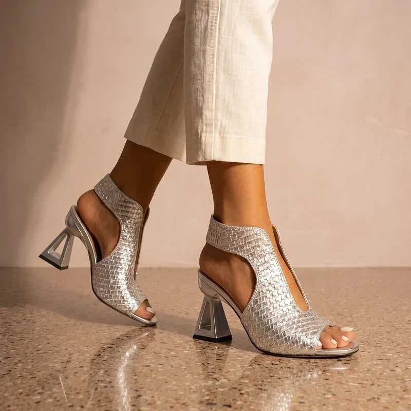 Woven Peep Toe Slingback Block Heel Sandals